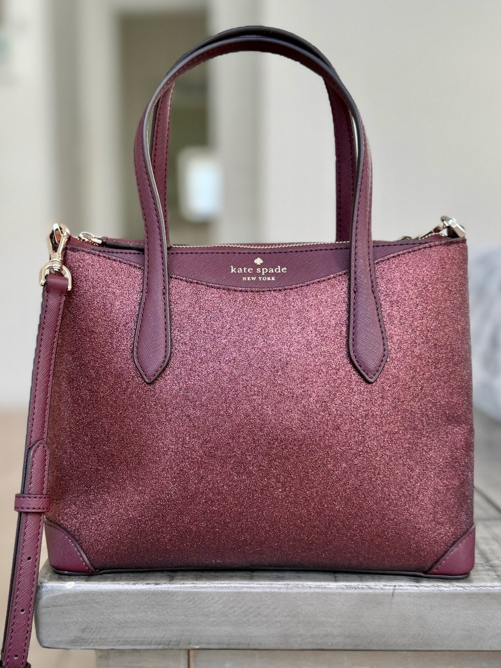 kate spade shimmy glitter crossbody satchel deep nova burgundy Fall purse